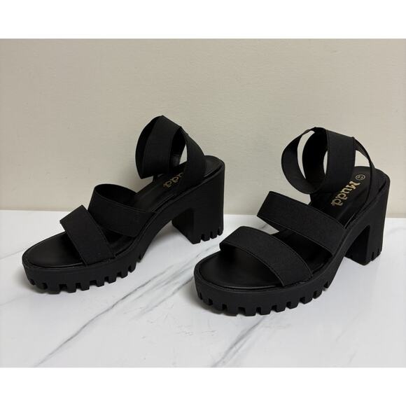 Mudd Womens Y2K Black Platform Block Heel Sandals 8.5 Lug Sole Stretch Straps - Picture 4 of 9